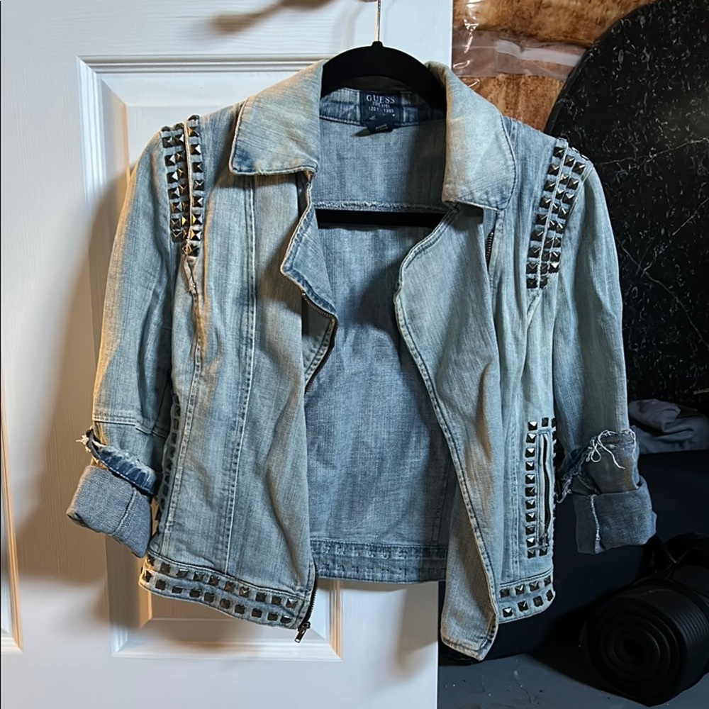 Guess Blue Embellished Cropped Jean Jacket